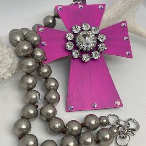 Hand painted and embellished pink metal cross on Navajo Pearl 12mm New